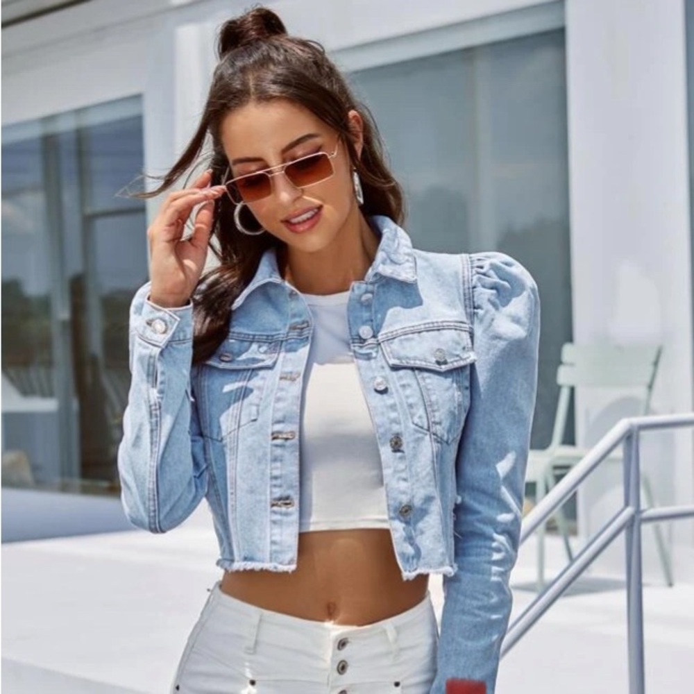 Light Blue Cropped Jean Jacket with Puff Sleeves - Picture 3 of 6